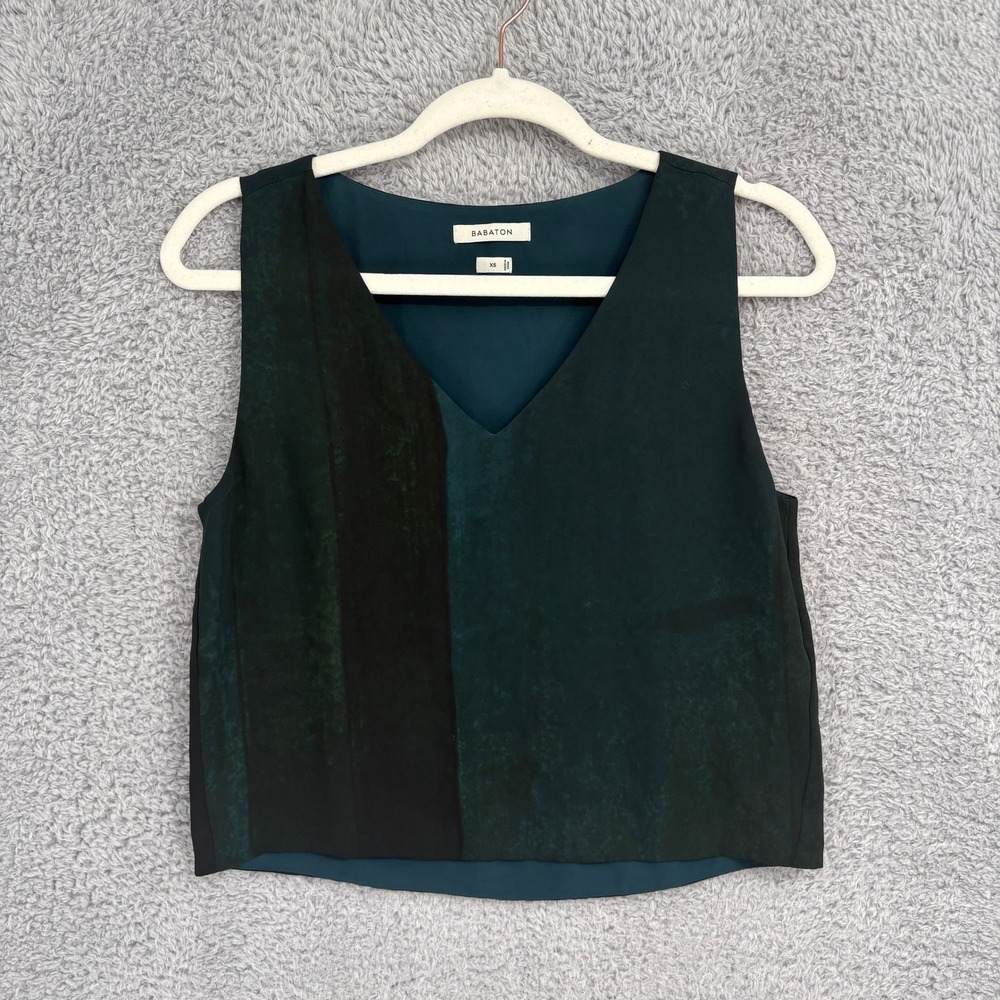Babaton Aritzia Murphy Blouse Cropped Sleeveless Top XS Dark Green Teal Abstract